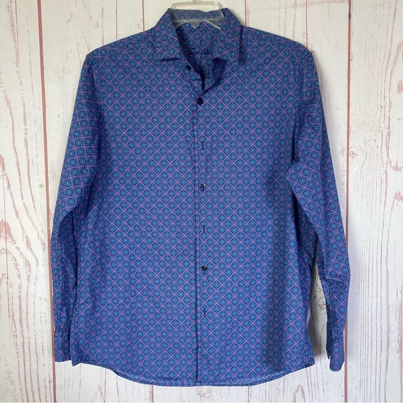 Tasso Elba Men's L Large 16 16 1/2 100% Cotton Blue Geometric Print Button Shirt - Picture 2 of 9